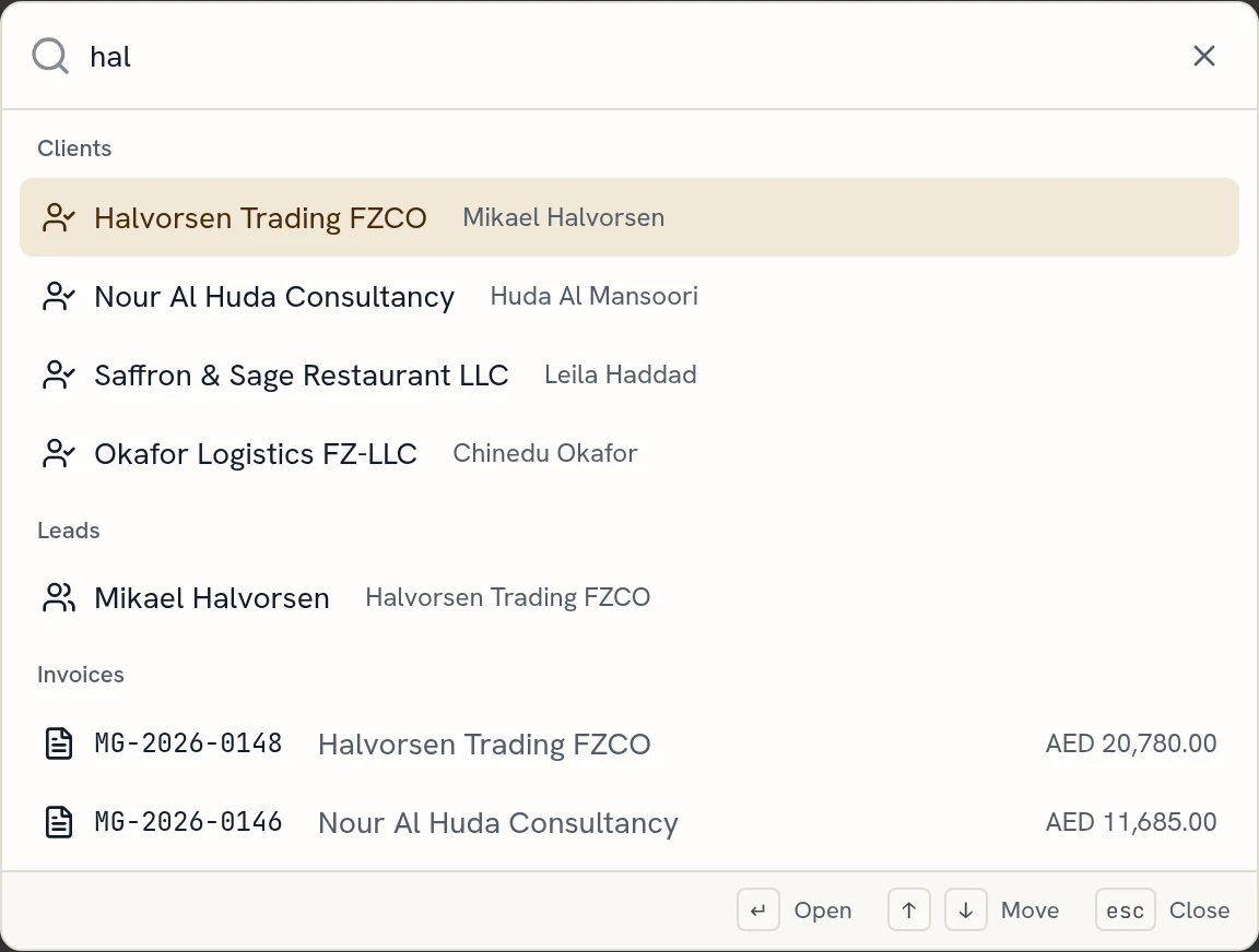 DueDesk command bar searching 'hal' and listing the client Halvorsen Trading FZCO, the lead Mikael Halvorsen and invoice MG-2026-0148 for AED 20,780