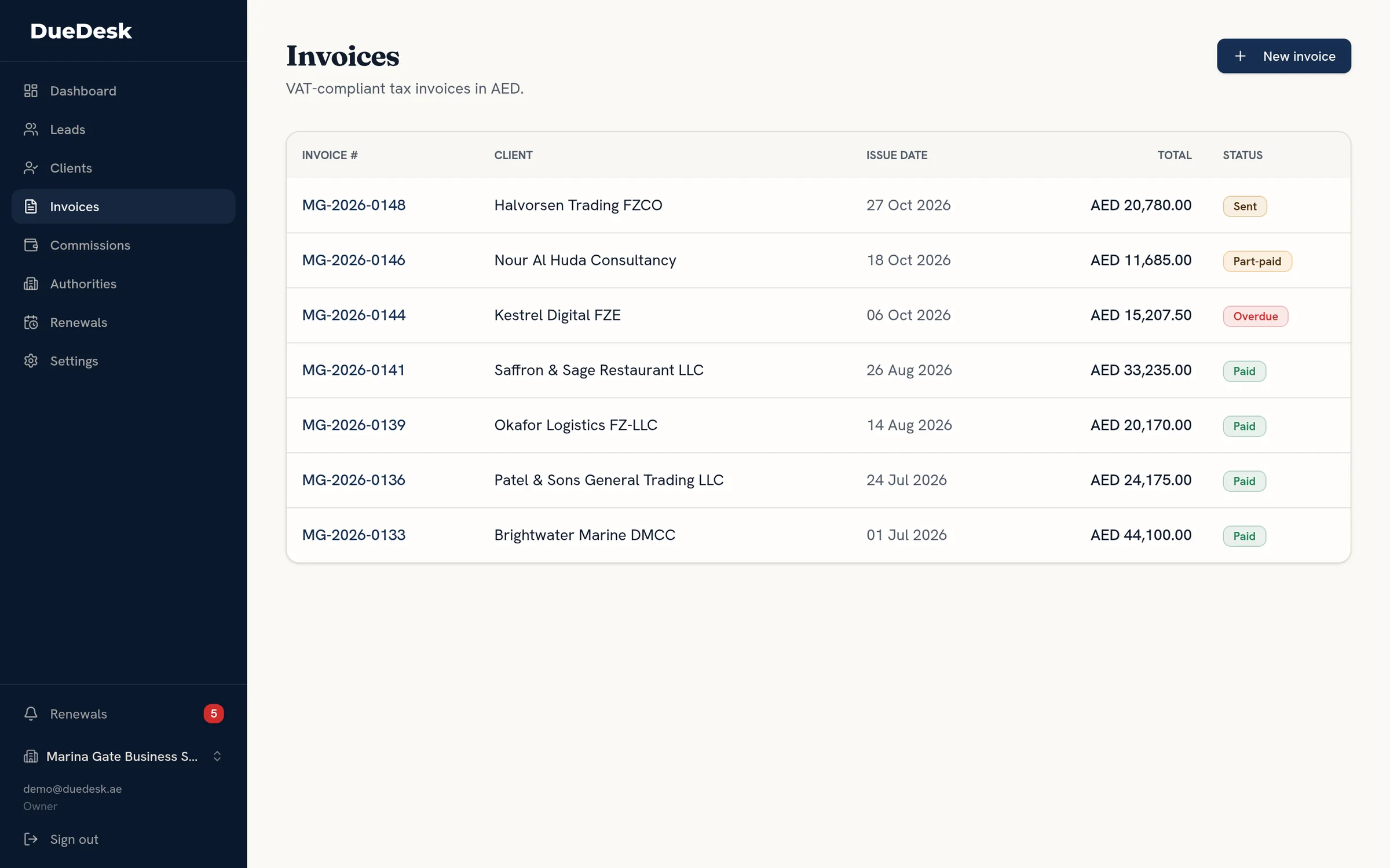 DueDesk invoice list with sent, part-paid, overdue and paid tax invoices in AED